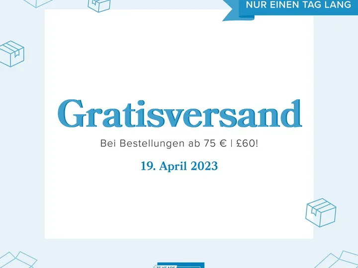 Gratulationskarte mit dem Text „Gratisversand“ in blauer Schrift auf weißem Hintergrund, umgeben von blau gestochten Packkästen. Oben rechts ein blaues Band mit der Aufschrift „NUR EINEN TAG LANG“, unten das Stampin’ Up! Logo.