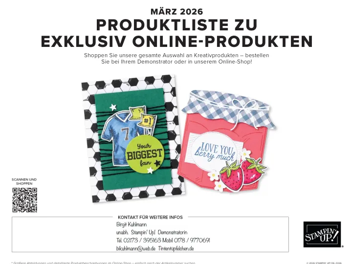 Zwei Bastelprojekte aus dem März 2026: Eine Karte mit einem gestempelten Fußballtrikot in Blau und Grün auf grünem Hintergrund mit schwarz-weißem Hexagon-Rahmen, daneben ein Papierbeutel in Rot mit blau-weißem Gitterstoff als Deckel und zwei gestempelten Erdbeeren.