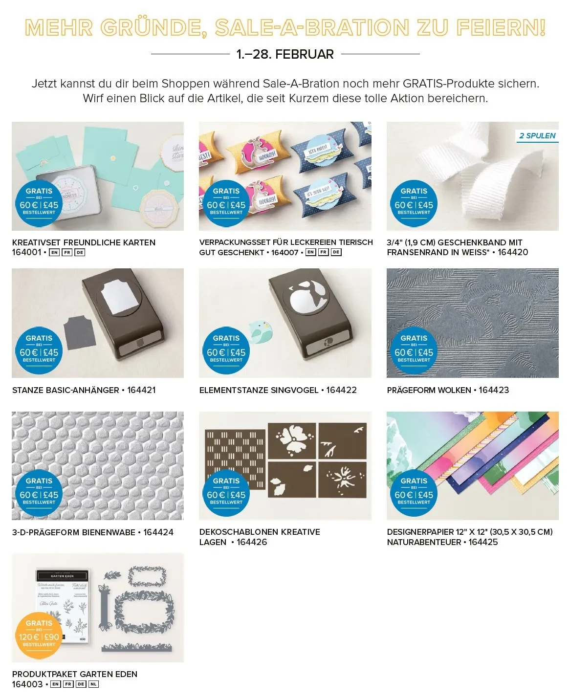 Das Bild zeigt eine Werbe-Seite für Bastelartikel mit dem Titel „Mehr Gründe, Sale-A-Bration zu feiern!“. Darin sind verschiedene Produkte wie Stempelsets, Prägeformen und Designerpapier in bunten Farben dargestellt. Jedes Produkt wird mit einem Preis-Label versehen und unter dem Namen des Artikels steht die Artikelnummer sowie verfügbare Sprachen.