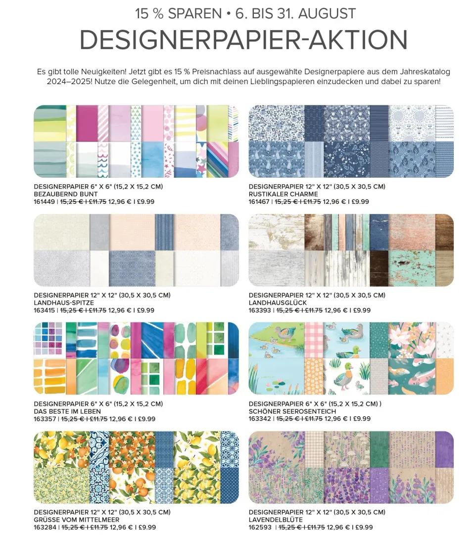 15-prozentiger Rabatt auf Designerpapier aus dem Jahreskatalog 2024–2025: Sechs Farbkollektionen mit Mustern von Strichen und Punkten bis zu floralen Motiven und Naturdarstellungen wie Enten und Zitrusfrüchte.