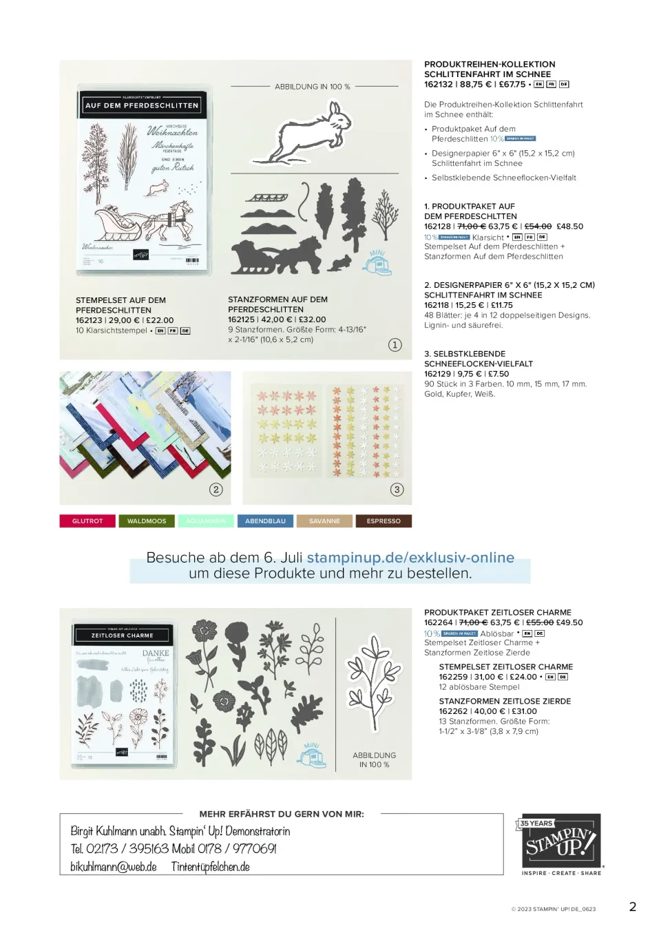 Das Bild zeigt eine Produktübersicht für Stampin' Up! Bastelmaterialien mit den Themen „Schlittenfahrt im Schnee" und „Zeitloser Charme". Im oberen Bereich sind ein Stempelset mit einem Schlitten, Pferden und Bäumen sowie dazugehörige Silhouettenstanzformen in Schwarz auf weißem Hintergrund abgebildet. Darunter sind bunte Papierproben in Glutrot, Waldmoos, Mojamarin, Abendblau, Savanne und Espresso zu sehen, zusammen mit selbstklebenden Schneeflocken-Vielfalt-St