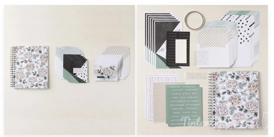 Auf dem Bild sind verschiedene Bastelmaterialien für Papierhandarbeiten auf einem hellen Hintergrund dargestellt. Links ist ein Spiralheft mit einem floralen Muster in Grau und Weiß zu sehen, daneben liegen Stapel von Papieren mit geometrischen Mustern wie Punkten und Streifen in Grün- und Grautönen sowie eine Karte mit einer Blume. Rechts befinden sich weitere Materialien: mehrere Papierecke mit schwarzen Punkten oder diagonalen Linien, ein Ringheft mit dem gleichen floralen Design wie das linke Heft, ein grünes Papier mit Monatsnamen auf Deutsch