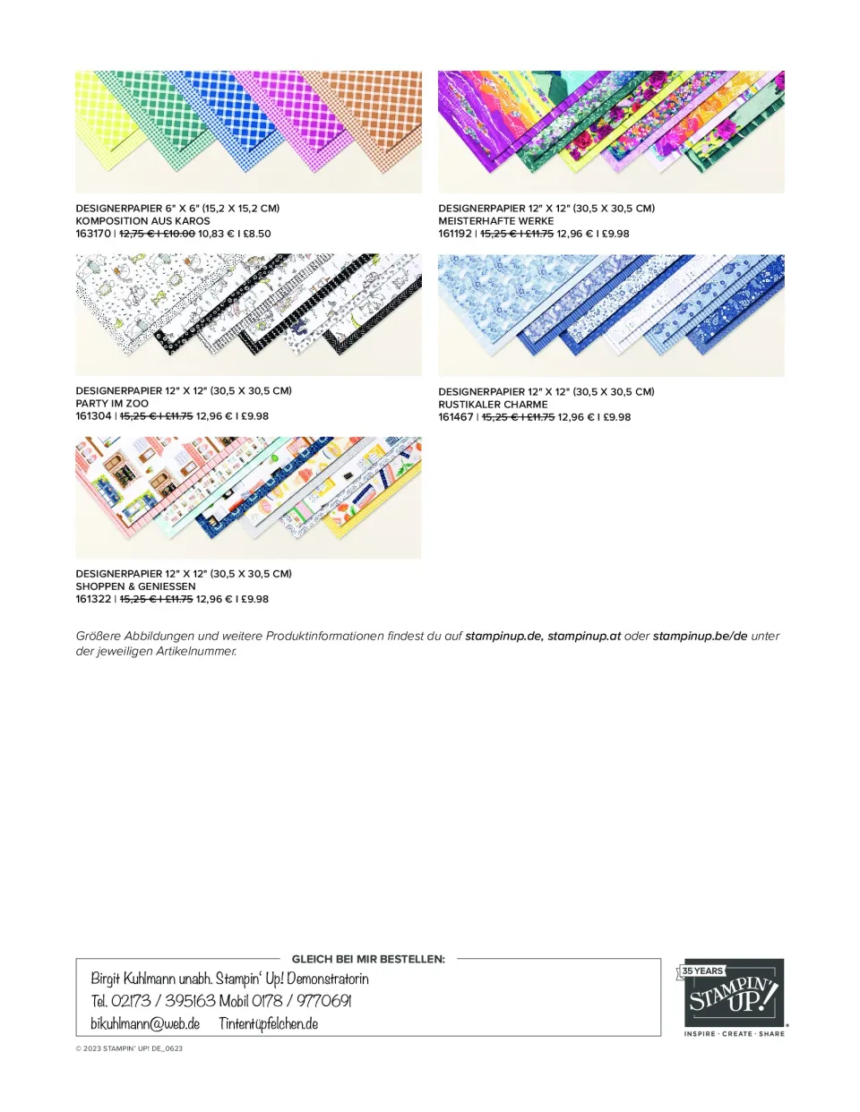 Fünf verschiedene Designerpapier-Sammlungen von Stampin' Up! sind in einer Produktübersicht dargestellt, mit verschiedenen Mustern wie Karos, Zaubern, Tiermotiven und bunten Blumen. Unten finden Sie Kontaktinformationen für Birgit Kuhlmann, eine Demonstratorin von Stampin' Up!, sowie die Website der Marke.