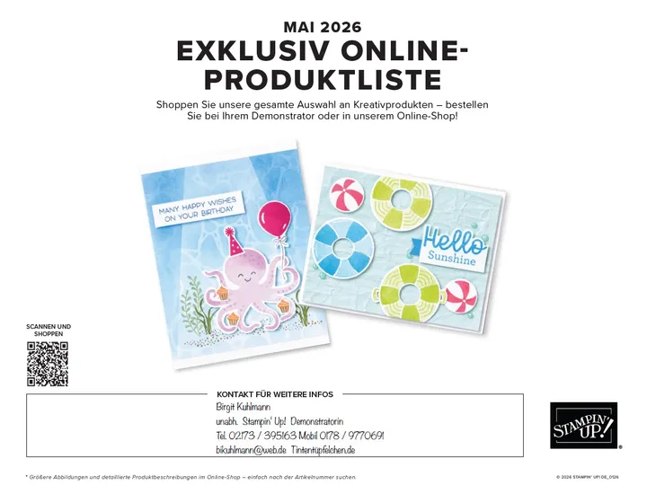Zwei Bastelkarten mit Meeresthemen auf hellblauem Hintergrund. Die linke Karte zeigt einen rosa Tintenfisch mit Partyhut und Balloon, umgeben von Seegras und kleinen Cupcakes; oben ist ein weißer Beschriftungsbereich mit „MANY HAPPY WISHES ON YOUR BIRTHDAY“ zu sehen. Die rechte Karte präsentiert gestanzte Rettungsringe in Blau- und Gelbton sowie zwei Streifenkugeln, daneben steht der Text „Hello Sunshine“. Beide Karten verwenden eine Wasserfärbetechnik für