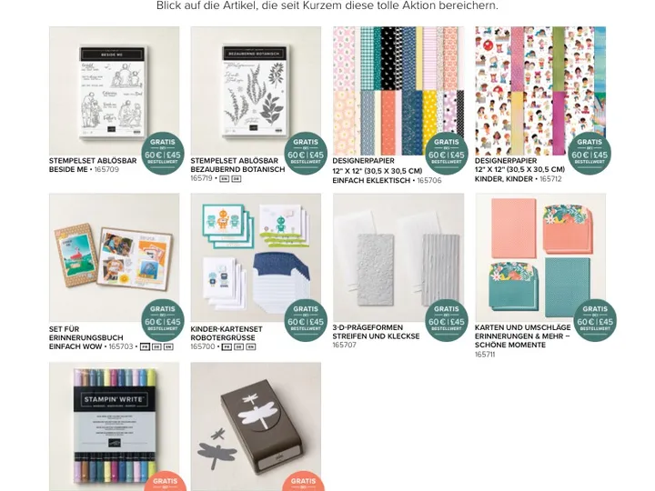 Ein Flyer für einen Sale-A-Bration-Verkauf von Stampin' Up! zeigt verschiedene Bastelprodukte wie Stempelsets, Designerpapiere, Karten und Markers. Die Produkte sind in einem Raster angeordnet und mit Preisschildern versehen.
