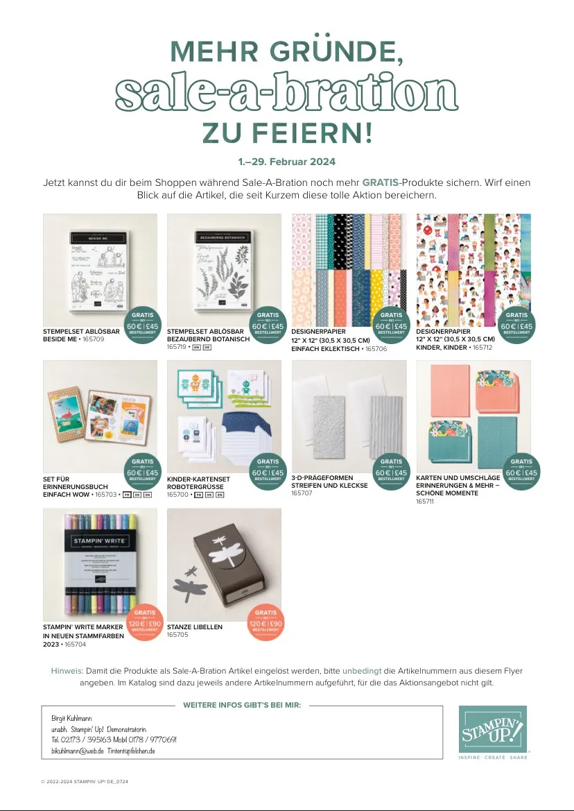 Ein Flyer für einen Sale-A-Bration-Verkauf von Stampin' Up! zeigt verschiedene Bastelprodukte wie Stempelsets, Designerpapiere, Karten und Markers. Die Produkte sind in einem Raster angeordnet und mit Preisschildern versehen.