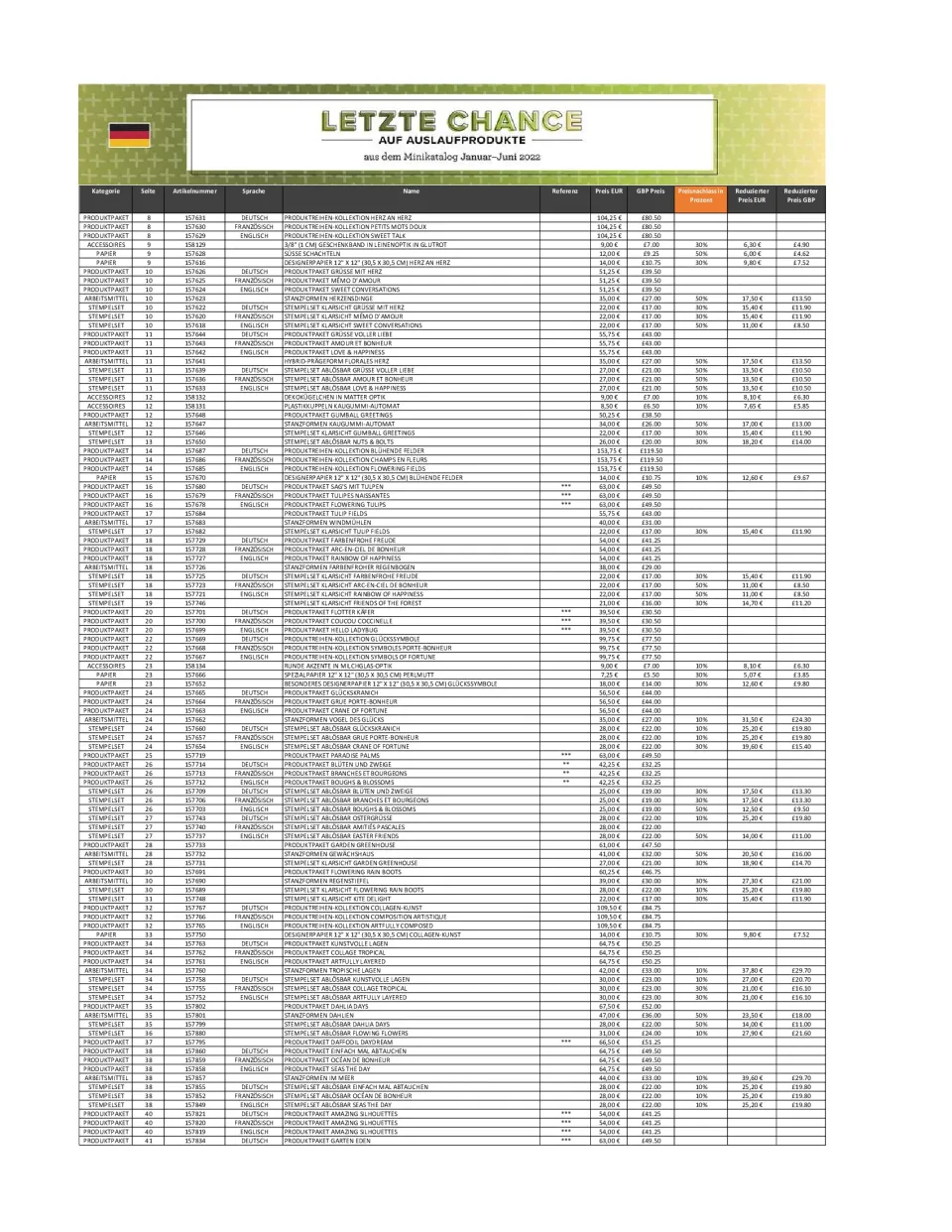 Ein gedruckter Katalog der Bastelprodukte „Letzte Chance“ aus dem Minikatalog Januar–Juni 2022, mit einer Tabelle von Stempelsets, Papierprodukten und anderen Materialien in verschiedenen Sprachen (Deutsch, Französisch, Englisch), Preisen in EUR und GBP sowie Rabattinformationen.
