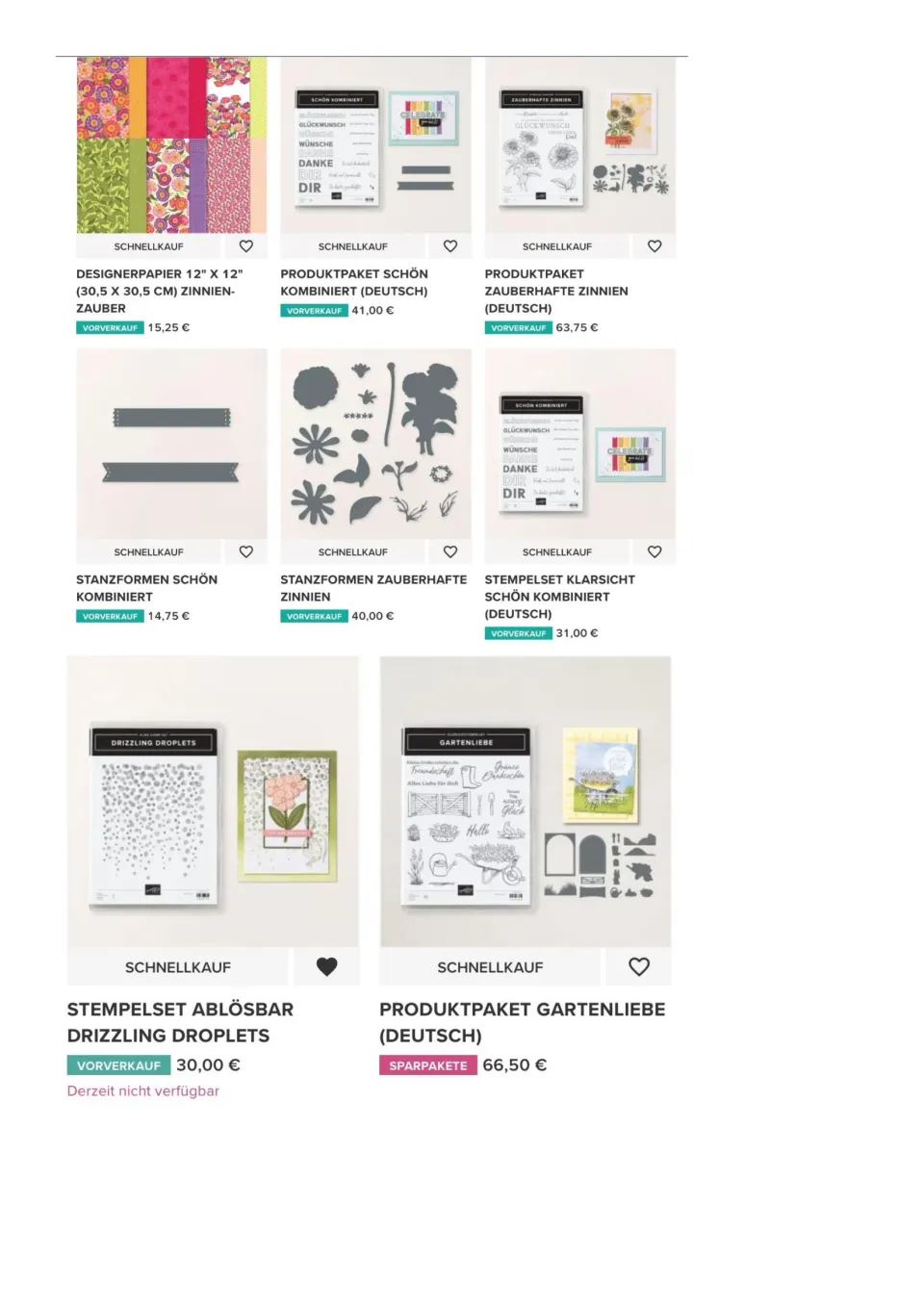 Das Bild zeigt eine Online-Handelsseite mit Bastelprodukten für Zinnien-Zauber und Schön-Kombiniert, darunter Designerpapier, Stanzformen und Stempelsets. Einige Artikel sind als Vorverkauf oder Sparpaket gekennzeichnet.