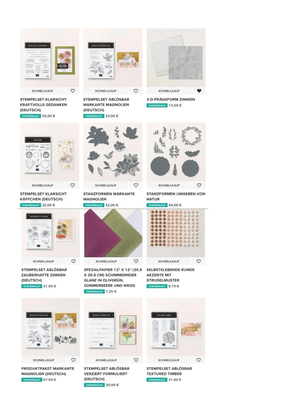 Ein Produktübersichtsbild zeigt verschiedene Bastelmaterialien wie Stempelsets, Prägeformen und Spezialpapier mit floralen Motiven in verschiedenen Farben und Texturen.