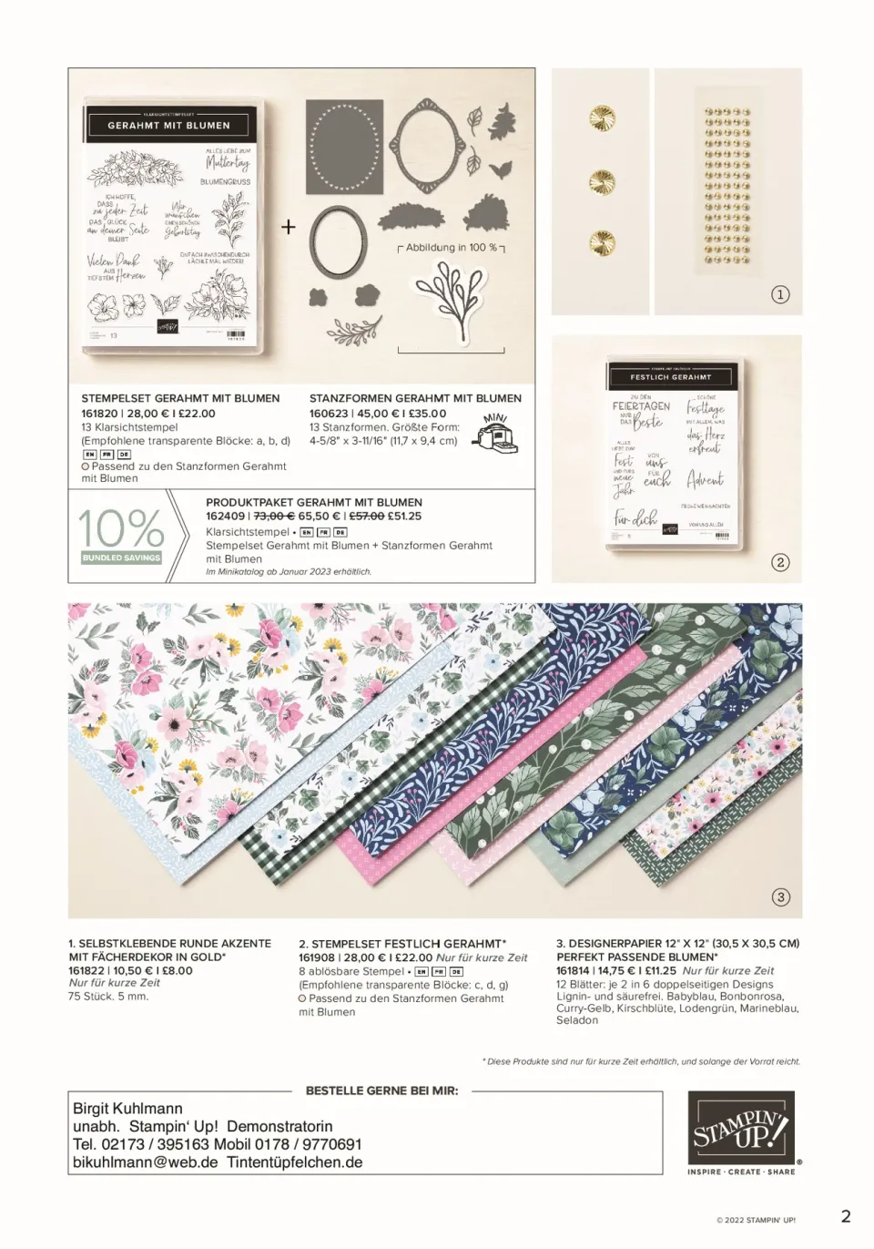 Das Bild zeigt eine Produktübersicht von Stampin' Up! mit einem Stempelset „Gerauhmt mit Blumen", dazugehörigen Stanzformen, selbstklebenden runden Akzenten in Gold und Designerpapier mit floralen Mustern in verschiedenen Farbnuancen.
