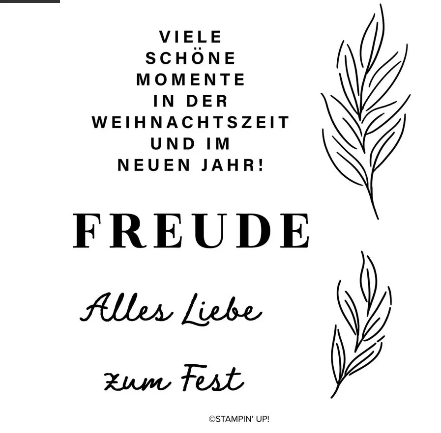 Ein gestempelter Textblock mit der Aufschrift „Viele schöne Momente in der Weihnachtszeit und im Neuen Jahr! FREUDE Alles Liebe zum Fest“ auf hellgrauem Hintergrund, flankiert von zwei schwarz umrissenen Blattmotiven. Die Schriftarten variieren zwischen serifenloser Druck- und handschriftlicher Stil.