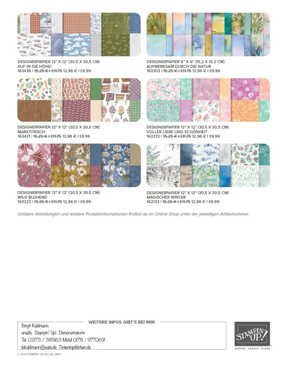 Das Bild zeigt eine Produktübersicht von Stampin' Up! mit sechs Designerpapier-Sammlungen in verschiedenen Farbpaletten und Mustern wie Blumen, Winterszenen oder geometrischen Formen. Die Texte enthalten Produktnamen, Artikelnummern und Preise für verschiedene Größenformaten.
