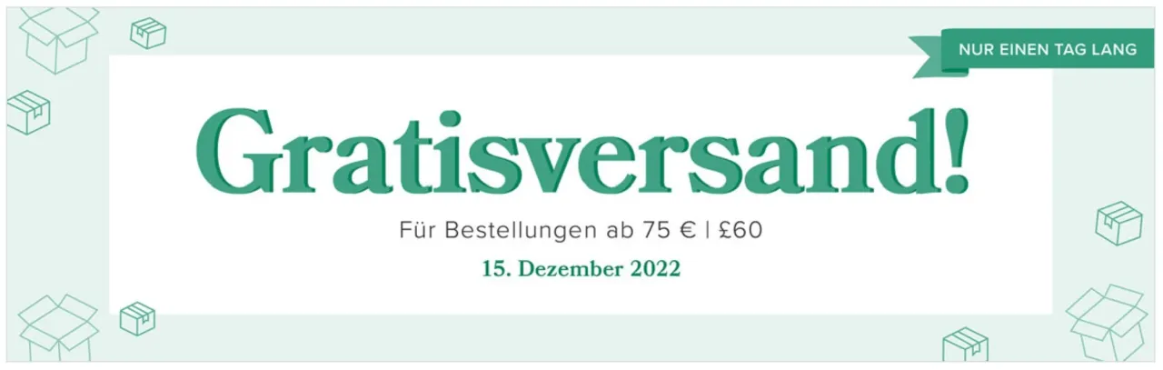 Grünes Banner mit der Aufschrift „Gratisversand!“, darunter Details zu Mindestbestellsummen und Datum. Umrahmt von stilisierten Paket-Icons in hellgrünem Ton, die offene und geschlossene Kartons darstellen. Ein grüner Band-Schild oben rechts signalisiert eine zeitlich begrenzte Aktion.