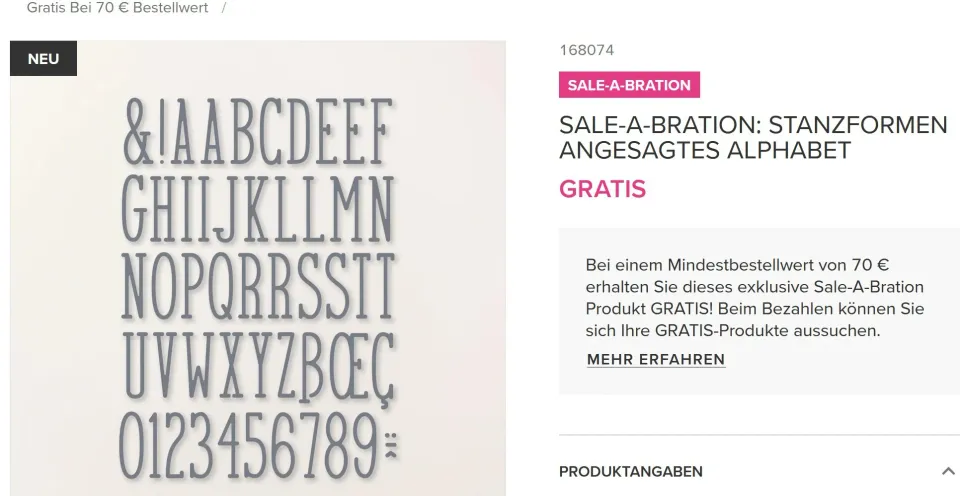 Ein graues Stanzformalphabet mit Symbolen und Zahlen auf hellgrauem Hintergrund. Rechts daneben Text über Sale-A-Bration-Stanzformen als Gratisangebot ab 70 Euro Bestellwert.