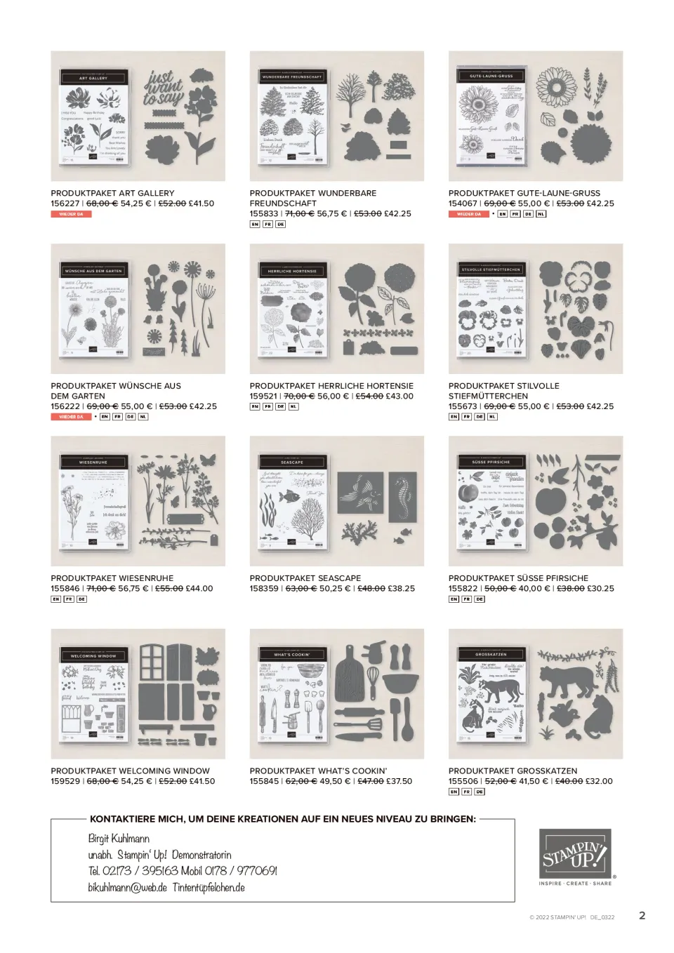 Das Bild zeigt eine Produktübersicht mit neun verschiedenen Stempelsets von Stampin' Up! in einer Rasteranordnung. Jedes Set ist auf einem hellen Hintergrund abgebildet und enthält silberfarbene Silhouetten von Pflanzen, Tieren oder Haushaltsgegenständen sowie englische Textfragmente. Darunter stehen die deutschen Produktnamen, Artikelnummern und Preise in Euro, Pfund und Dollar. Am unteren Rand befindet sich ein Kontaktformular für Birgit Kuhlmann, Demonstratorin von Stampin' Up!, mit Telefonnummer und E-Mail-Adresse sowie das Logo des Unternehmens