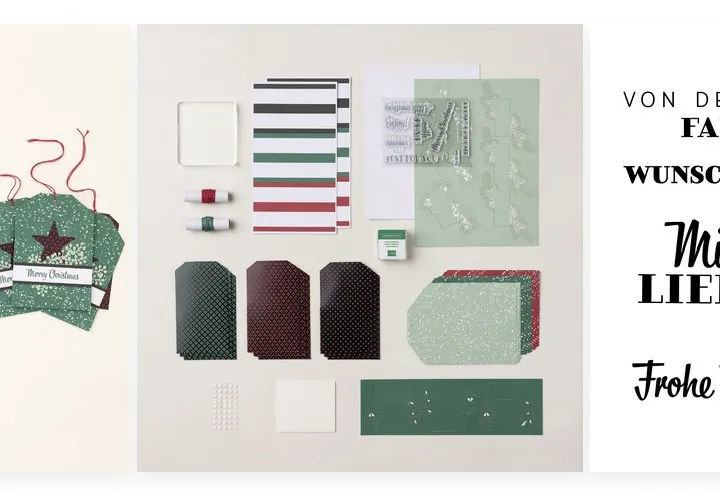 Drei Weihnachts-Tagen mit gestempeltem Design: links ein Hirsch, mittig ein Baum und rechts ein Stern auf grünem Hintergrund. Die Tags sind mit roten Fäden verziert und zeigen verschiedene Stempelgrafiken sowie Schriftzüge wie „Frohe Weihnachten“ und „Merry Christmas".