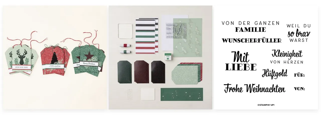 Drei Weihnachts-Tagen mit gestempeltem Design: links ein Hirsch, mittig ein Baum und rechts ein Stern auf grünem Hintergrund. Die Tags sind mit roten Fäden verziert und zeigen verschiedene Stempelgrafiken sowie Schriftzüge wie „Frohe Weihnachten“ und „Merry Christmas".