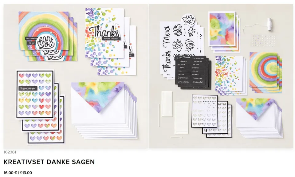 Das Kreativset „Danke sagen“ enthält gestempelte Karten mit Regenbogenbögen und bunten Tropfen, sowie Stempel für Herzen und englische Begriffe wie „Thanks“ und „Merci“. Dazu gehören auch Schablonen für Herzformen, Packumschläge in Pastellfarben und kleine Dekorationselemente.