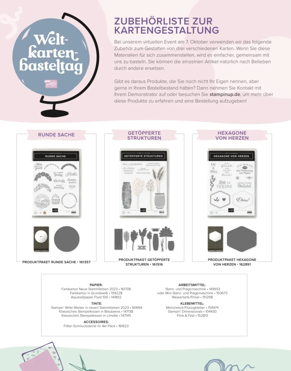Ein informativer Flyer für einen virtuellen Basteltag zum Thema „Weltkartenbasteltag“ zeigt drei Produktpakete für Stempel und Schneidmaschinen mit den Titeln „Runde Sache“, „Getöpferte Strukturen“ und „Hexagone von Herzen“. Unten sind die verwendeten Materialien wie Papier, Tinte, Arbeitsmittel und Klebemittel aufgelistet.