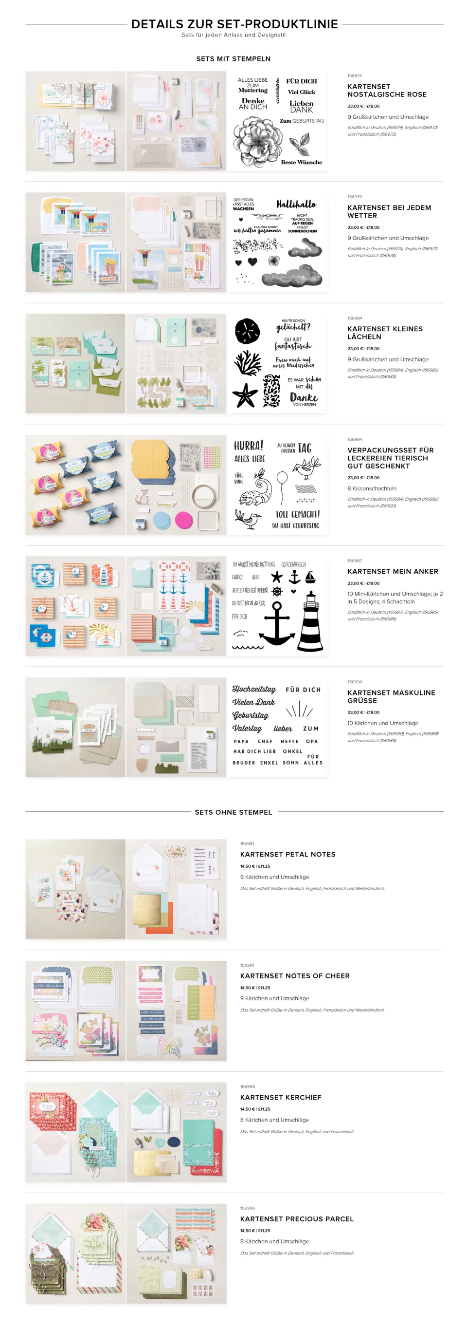Das Bild zeigt eine Produktübersicht mit verschiedenen Kartensets und Verpackungssets für Bastelprojekte. Im oberen Bereich sind Sets mit Stempeln wie „Nostalgische Rose“ in Rosa-Tönen, „Bei jedem Wetter“ in Pastellfarben und „Kleines Lächeln“ in Grün und Beige dargestellt, jeweils begleitet von den zugehörigen Stempelgrafiken. Darunter folgen weitere Sets: „Tierisch Gut Geschenk“ mit blauen und rosa Elementen, „Mein Anker“ in Ocker- und Blautönen sowie „Maskuline