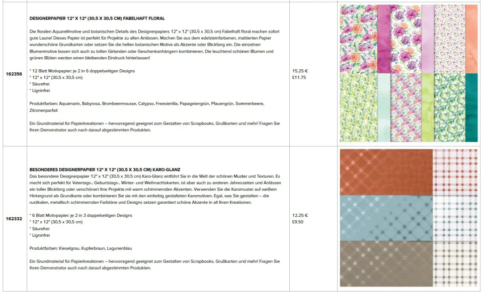 Zwei Produktkarten mit Designerpapier: Oben zeigt „Fabelhaft Floral“ in Pastellfarben mit aquarellartigen Blumenmotiven, unten „Karo-Glanz“ mit metallischem Glanz und Karomuster in Braun- und Grautönen. Beide Seiten zeigen die Musterbeispiele rechts neben den Beschreibungen.