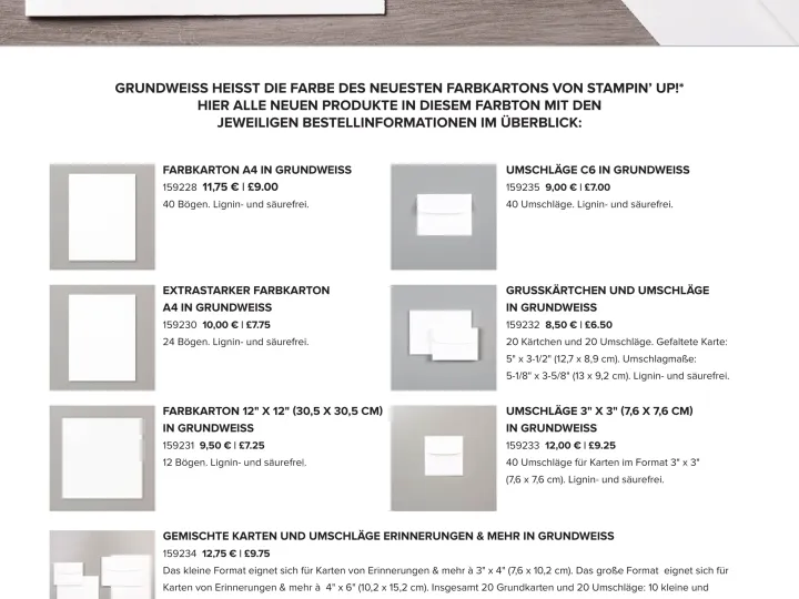 Ein Flyer von Stampin' Up! zeigt verschiedene Produkte in Grundweiss, darunter Farbkarten, Umschläge und Kärtchen. Die weißen Materialien liegen auf einem hellgrauen Hintergrund mit Textinformationen zu Preisen und Bestellmöglichkeiten.
