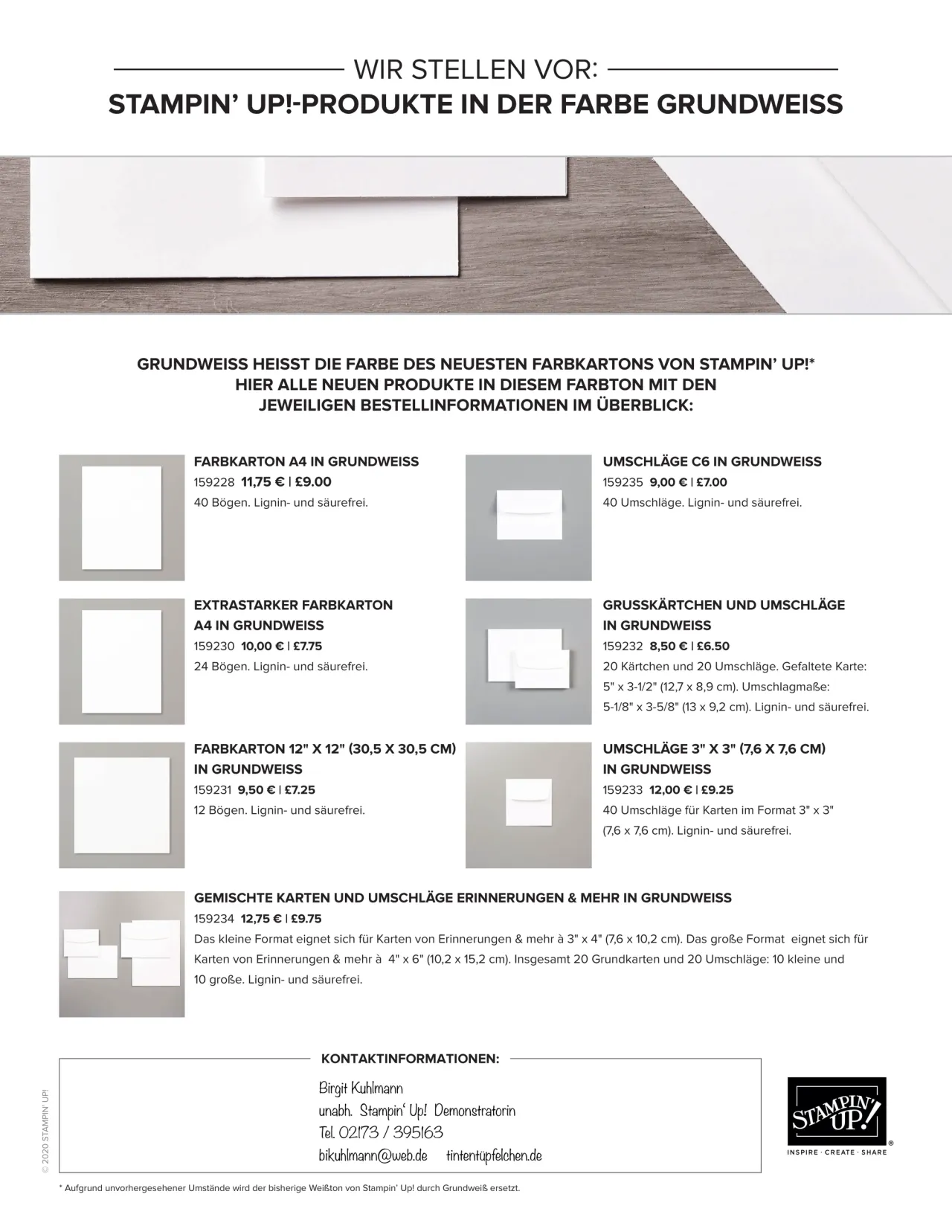 Ein Flyer von Stampin' Up! zeigt verschiedene Produkte in Grundweiss, darunter Farbkarten, Umschläge und Kärtchen. Die weißen Materialien liegen auf einem hellgrauen Hintergrund mit Textinformationen zu Preisen und Bestellmöglichkeiten.