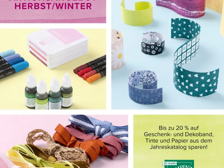 Das Bild zeigt eine Zusammenstellung von Bastelprodukten für Herbst und Winter, darunter gestempelte Papierstreifen in verschiedenen Mustern wie Herzen und Buchstaben sowie Tintenfarben auf einem hellen Hintergrund. Im unteren Bereich sind farbige Dekobänder in Pastell- und Erdtönen zu sehen, daneben steht ein Text über Rabatte auf Jahreskatalogprodukte mit dem Logo von Stampin Up!.