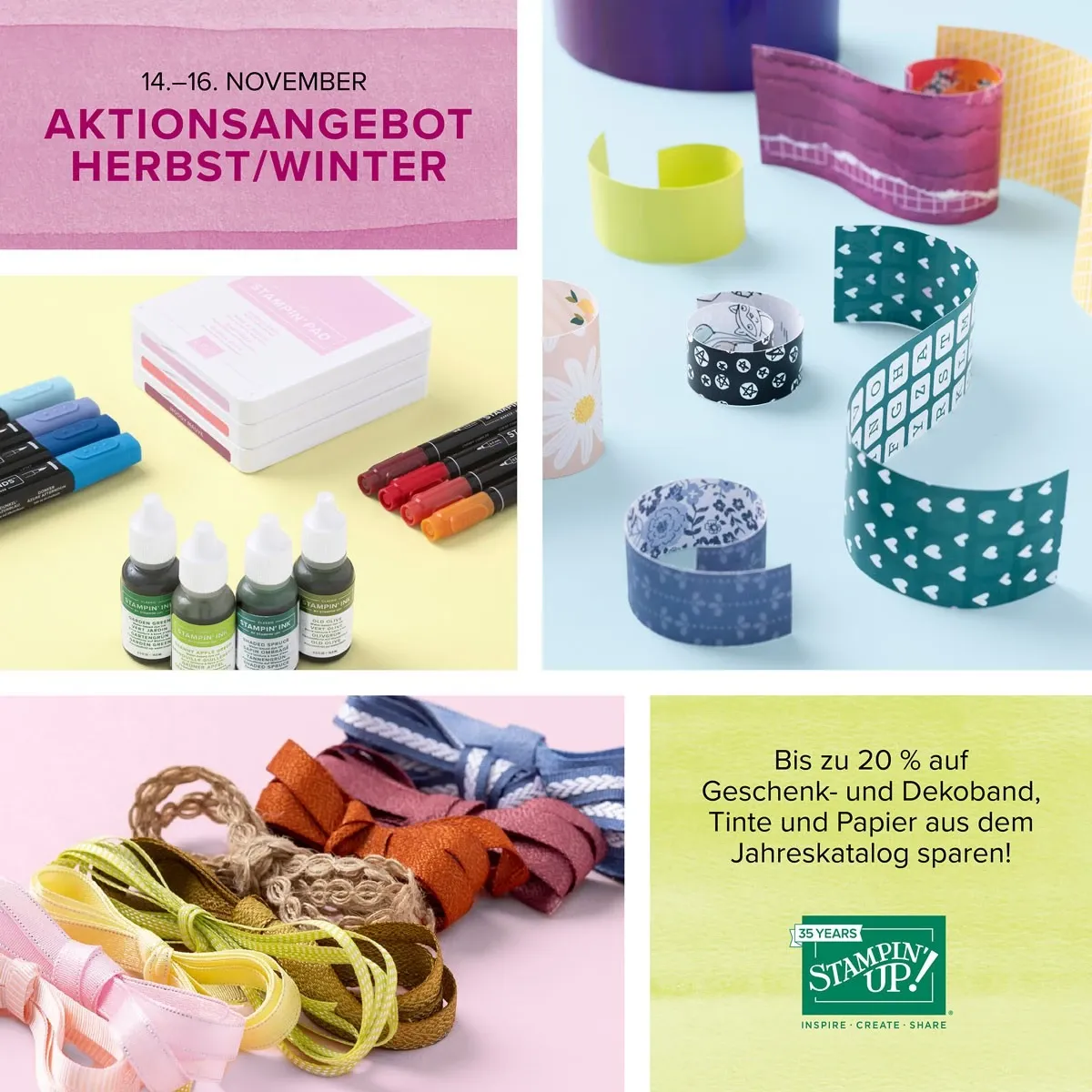 Das Bild zeigt eine Zusammenstellung von Bastelprodukten für Herbst und Winter, darunter gestempelte Papierstreifen in verschiedenen Mustern wie Herzen und Buchstaben sowie Tintenfarben auf einem hellen Hintergrund. Im unteren Bereich sind farbige Dekobänder in Pastell- und Erdtönen zu sehen, daneben steht ein Text über Rabatte auf Jahreskatalogprodukte mit dem Logo von Stampin Up!.