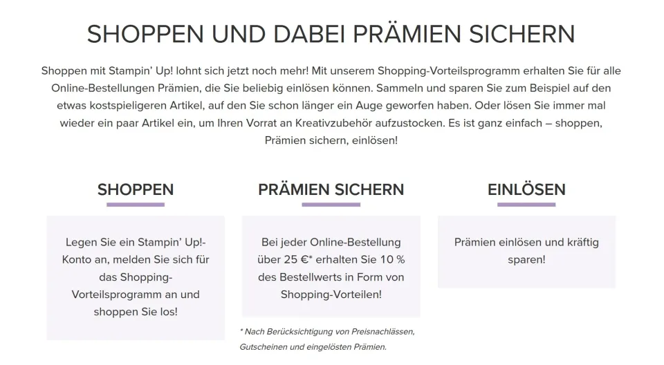 Das Bild zeigt eine Informationsgrafik mit dem Titel „Shoppen und dabei Prämien sichern“ in dunkelgrauer Schrift auf hellem Hintergrund. Darunter sind drei graue Kasten nebeneinander angeordnet, die die Schritte „Shoppen“, „Prämien sichern“ und „Einlösen“ beschreiben. Der Text ist in schwarzer Schrift lesbar und erklärt ein Rabattprogramm von Stampin’ Up!, bei dem 10 % des Bestellwerts als Shopping-Vorteil zurückgegeben werden. Kleine Fußnote unten klärt auf, dass Preise nach Rabatten