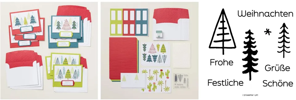 Ein Kreativset für die Weihnachtszeit mit gestempelten Karten, Umschlägen und Stempeln in Rot, Grün und Gelb. Das Design zeigt stilisierte Tannenbäume und Begrüßungen wie „Frohe Weihnachten" sowie Cactus-Motive auf den Kartenvorlagen.
