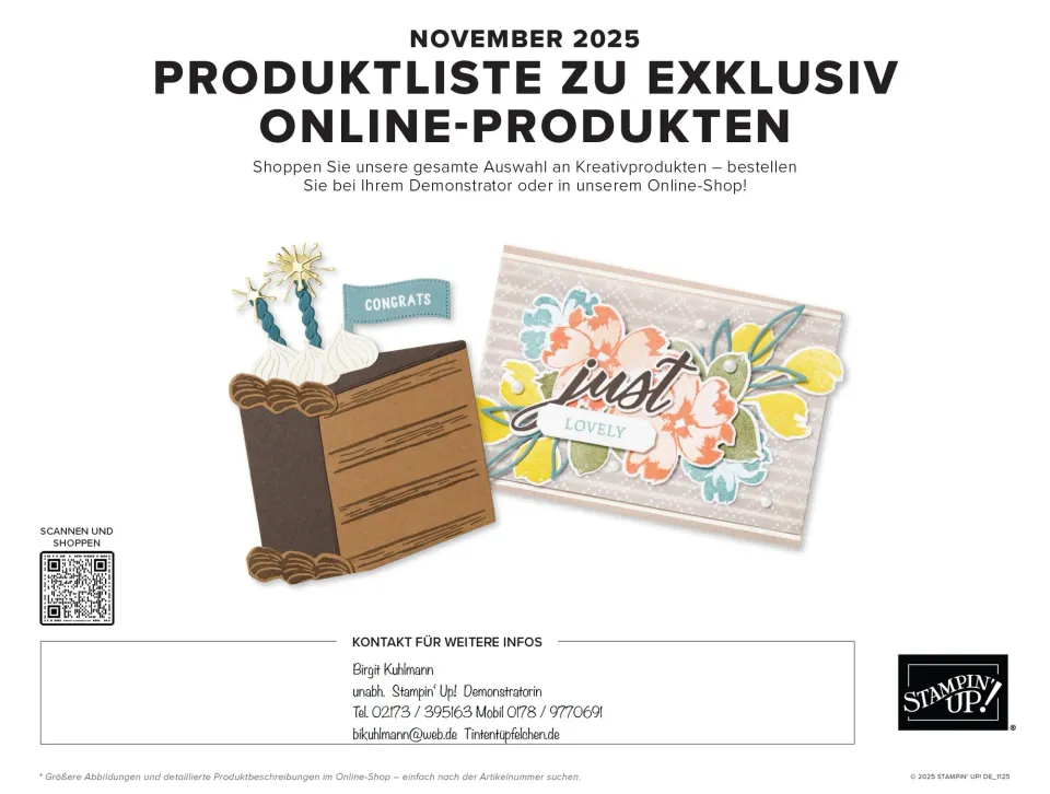 Ein Werbebanner für die November-Produktliste von Stampin' Up!, das zwei Bastelprojekte zeigt: einen mit Stempeln gestalteten Kuchen in Braun und Beige mit einer „CONGRATS“-Flagge, daneben eine Karte mit gestempelten Blumen in Gelb, Orange und Blau sowie der Schriftzug „just lovely“. Unten sind Kontaktinformationen für Birgit Kuhlmann als Demonstratorin sowie ein QR-Code zum Shoppen enthalten.