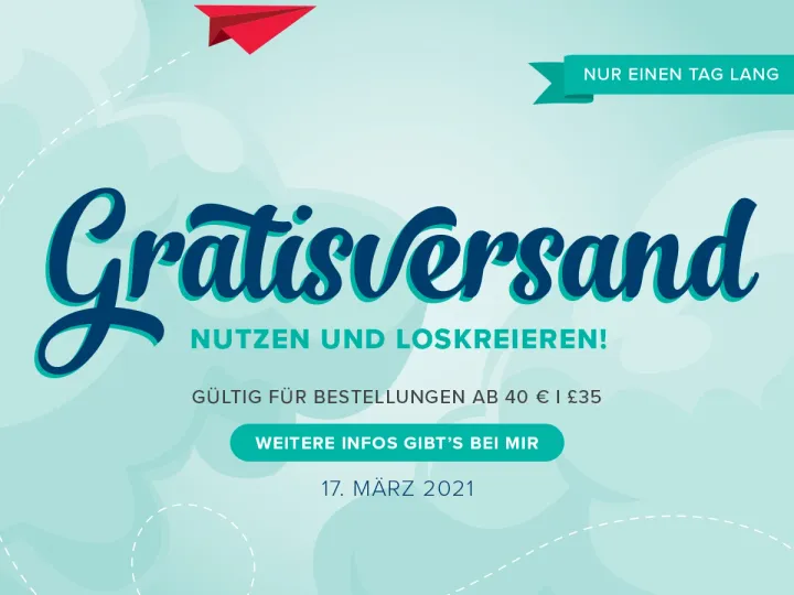 Ein digitales Grafikelement mit dem Text „Gratisversand nutzen und loskreieren! Gültig für Bestellungen ab 40 € | £35. Nur einen Tag lang“ in dunkelblauen und türkisfarbenen Schriftarten auf einem hellgrünen Hintergrund mit weißen Wolkenmustern. Ein roter Papierflugzeug-Icon fliegt über eine gestrichelte Linie, die sich durch das Bild zieht. Unten ist das Stampin’ Up! Logo zu sehen.