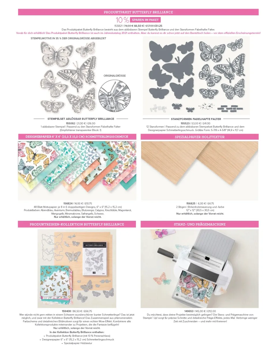 Das Bild zeigt ein Produktflyer für die „Butterfly Brilliance“-Kollektion. Es werden verschiedene Artikel präsentiert: ein ablösbares Stempelset mit Schmetterlingen in Schwarz, eine Auswahl an 12 verschiedenen Schmetterlingsstanzformen aus Metall, Designerpapier mit bunten Schmetterlingsmotiven in Pastelltönen und ein Stück Spezialpapier mit Holzmaserung. Zudem ist ein Produktreihen-Kollektionspaket zu sehen, das diese Elemente zusammenfasst, sowie eine Stanz- und Prägemaschine von Stampin’ Up!, die Sch
