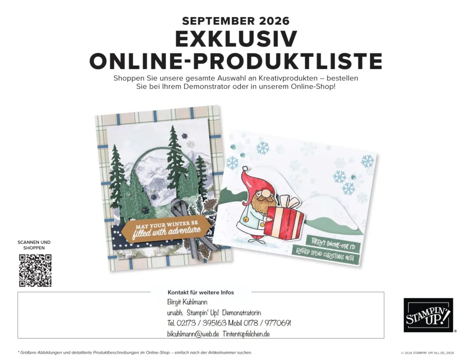 Zwei Karten mit Winter- und Weihnachtsmotiven: Eine zeigt einen Berglandschafts-Stempel mit grünen Tannenbäumen auf kariertem Papier, die andere ein gestempelter Gnome mit Geschenkpapier. Beide haben Textelemente in englischer Sprache und sind von Stampin' Up! erstellt worden.