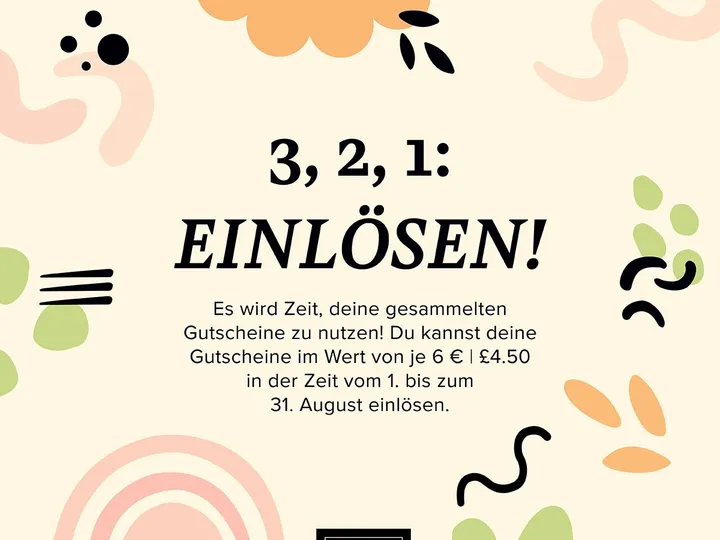 Ein digitaler Grafikeintrag mit der Aufschrift „3, 2, 1: EINLÖSEN!“, der Ankündigung eines Zeitfensters für den Gutschein-Einlös bis zum 31. August. Das Design ist in Pastelltönen gehalten und zeigt abstrakte Formen wie Wellenlinien, Blätter und Bogen auf einem hellen Hintergrund. Im unteren Bereich befindet sich das Logo von Stampin’ Up! mit dem Slogan „Inspire · Create · Share“.