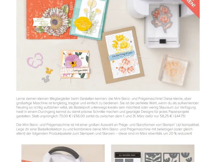 Vielfältige Karten mit Blumenmotiven in Orange, Gelb und Lila, gestempelt und geschnitten, zusammen mit einer Prägemaschine und Stanzformen auf hellgrauem Untergrund.