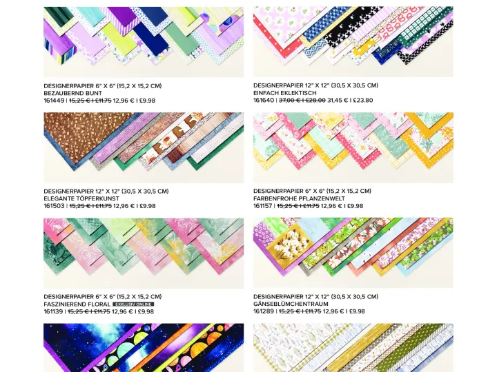 15-prozentiger Preisnachlass auf Designerpapier-Aktion vom 1. bis 30. Juni 2023: verschiedene Designerpapiere mit Mustern wie Buntstreifen, Blumen und Weltraumthemen in verschiedenen Größen und Preisen sind abgebildet.