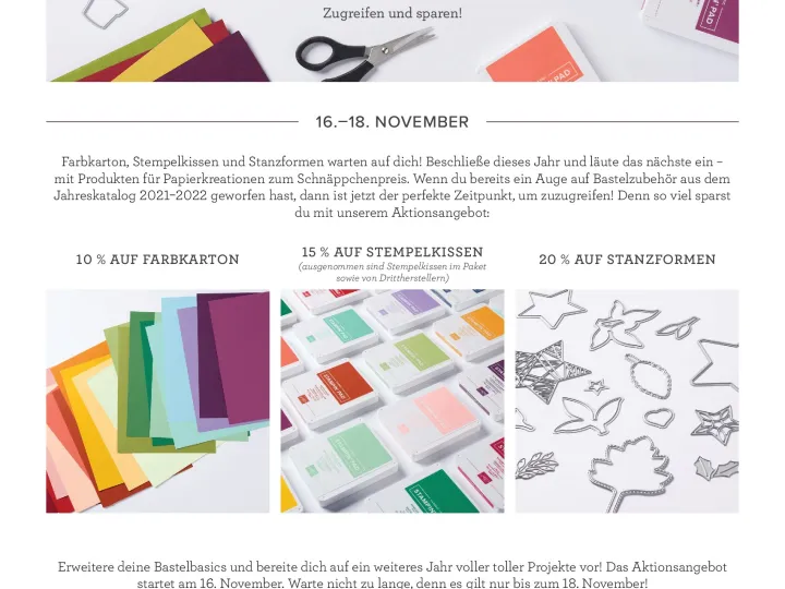 Ein Werbeblatt für ein Herbst/Winter-Aktionsangebot von Stampin' Up! zeigt verschiedene Bastelmaterialien wie Stempelkissen, Stanzformen und Farbkarten in verschiedenen Farben. Der Text informiert über Rabatte auf diese Produkte und gibt Kontaktinformationen an.