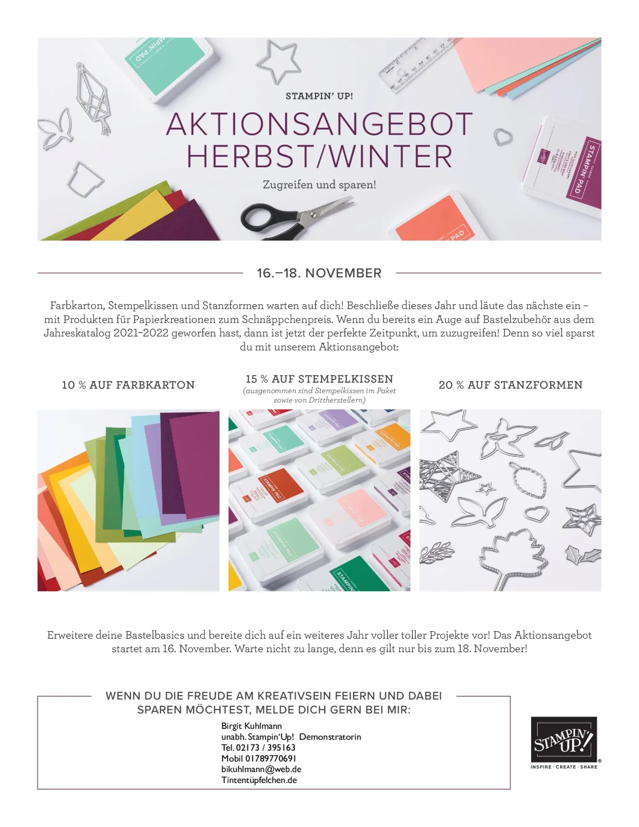 Ein Werbeblatt für ein Herbst/Winter-Aktionsangebot von Stampin' Up! zeigt verschiedene Bastelmaterialien wie Stempelkissen, Stanzformen und Farbkarten in verschiedenen Farben. Der Text informiert über Rabatte auf diese Produkte und gibt Kontaktinformationen an.