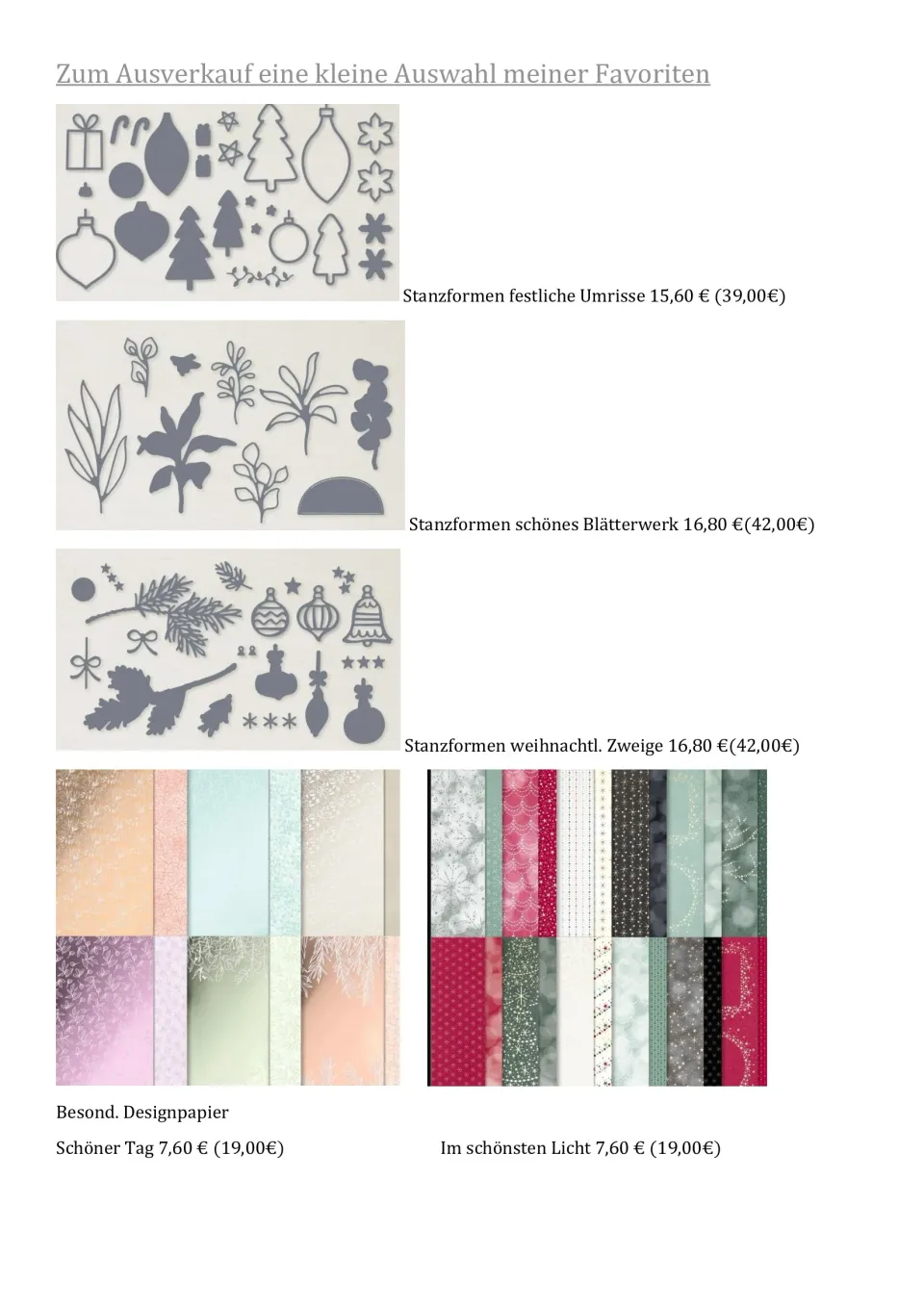 Ein Werbebanner zeigt verschiedene Stanzformen und Designpapiere für Bastelprojekte. Oben sind silberfarbene Stanzformen mit festlichen Motiven wie Weihnachtsbäumen, Ornamenten und Sternen zu sehen, darunter Blätterwerk- und Zweig-Motive. Unten werden zwei Farbkollektionen von Designpapieren präsentiert: links Pastelltöne mit Schnee- und Farnmustern, rechts dunklere Töne mit Sternen und geometrischen Mustern. Preise sind in Euro angegeben.