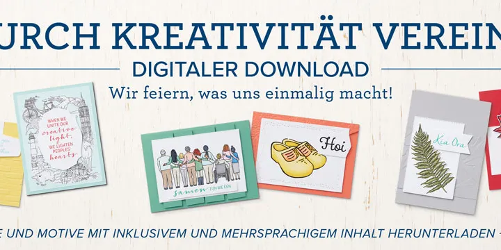 Ein digitales Download-Angebot für Stempelkarten mit verschiedenen Motiven wie Kuchen, Menschengruppe, Sandalen und Blatt. Der Titel „Durch Kreativität vereint“ steht oben in blauer Schrift auf weißem Hintergrund, darunter sind die Karten in unterschiedlichen Farben und Größen angeordnet.