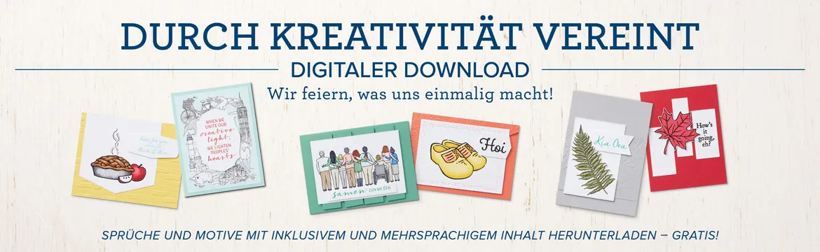 Ein digitales Download-Angebot für Stempelkarten mit verschiedenen Motiven wie Kuchen, Menschengruppe, Sandalen und Blatt. Der Titel „Durch Kreativität vereint“ steht oben in blauer Schrift auf weißem Hintergrund, darunter sind die Karten in unterschiedlichen Farben und Größen angeordnet.