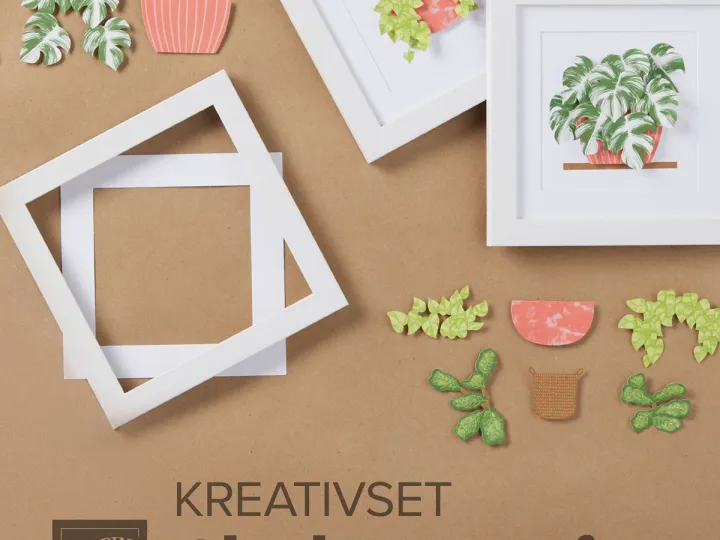 Ein Kreativset von Stampin' Up! mit gestempelten und geschnittenen Pflanzendetails in Grün, Weiß und Rosa sowie fertigen Bilderrahmen. Das Set enthält verschiedene Blattformen, einen Topf und eine Hängepflanze für Bastelprojekte.