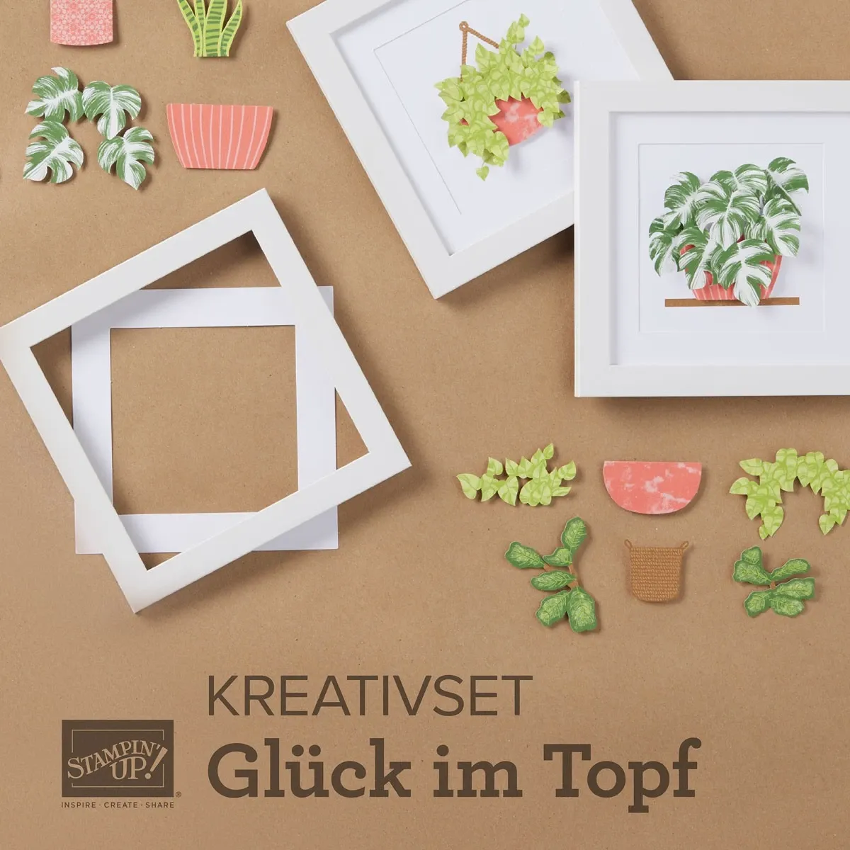Ein Kreativset von Stampin' Up! mit gestempelten und geschnittenen Pflanzendetails in Grün, Weiß und Rosa sowie fertigen Bilderrahmen. Das Set enthält verschiedene Blattformen, einen Topf und eine Hängepflanze für Bastelprojekte.