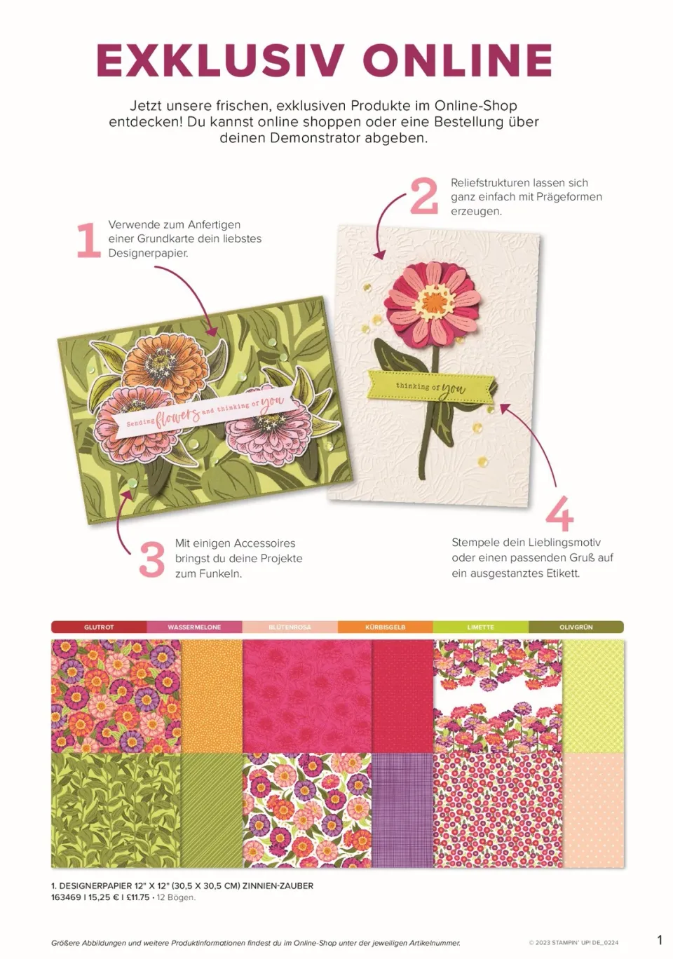 Ein Bastelartikel mit vier nummerierten Schritten zeigt verschiedene Karten und Papiermuster. Die erste Karte hat ein grünes Blattmuster mit orangefarbenen und rosa Blumenstempeln sowie einer weißen Beschriftungsbalken. Die zweite Karte ist weiß mit eingedrücktem Muster und zeigt eine rote Blume mit gelbem Zentrum, grünen Blättern und einem gelben Etikett mit Text. Unten sind acht Designerpapierproben in verschiedenen Farben und Mustern zu sehen, darunter Blumen, Raster und Blattmuster.