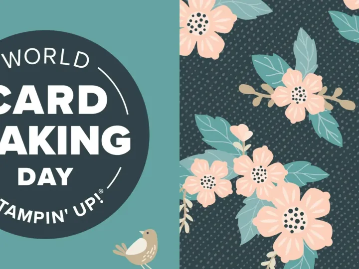 Ein grafisches Banner mit dem Text „WORLD CARD MAKING DAY“ von Stampin’ Up! auf einem dunkelgrauen Kreis, umgeben von zwei kleinen Vögeln in Beige und Hellgrün vor einem helltürkisfarbenen Hintergrund. Rechts daneben zeigt ein wiederkehrendes Muster rosa Blüten mit grünen Blättern auf dunkelblauem Grund mit feinem Punktmuster.