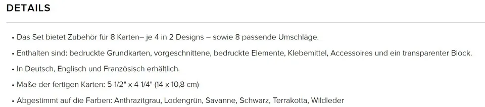 Ein Ausschnitt aus einer Produktbeschreibung zeigt Details eines Bastelsets für Karten, darunter Farben wie Anthrazitgrau und Savanne sowie technische Spezifikationen.