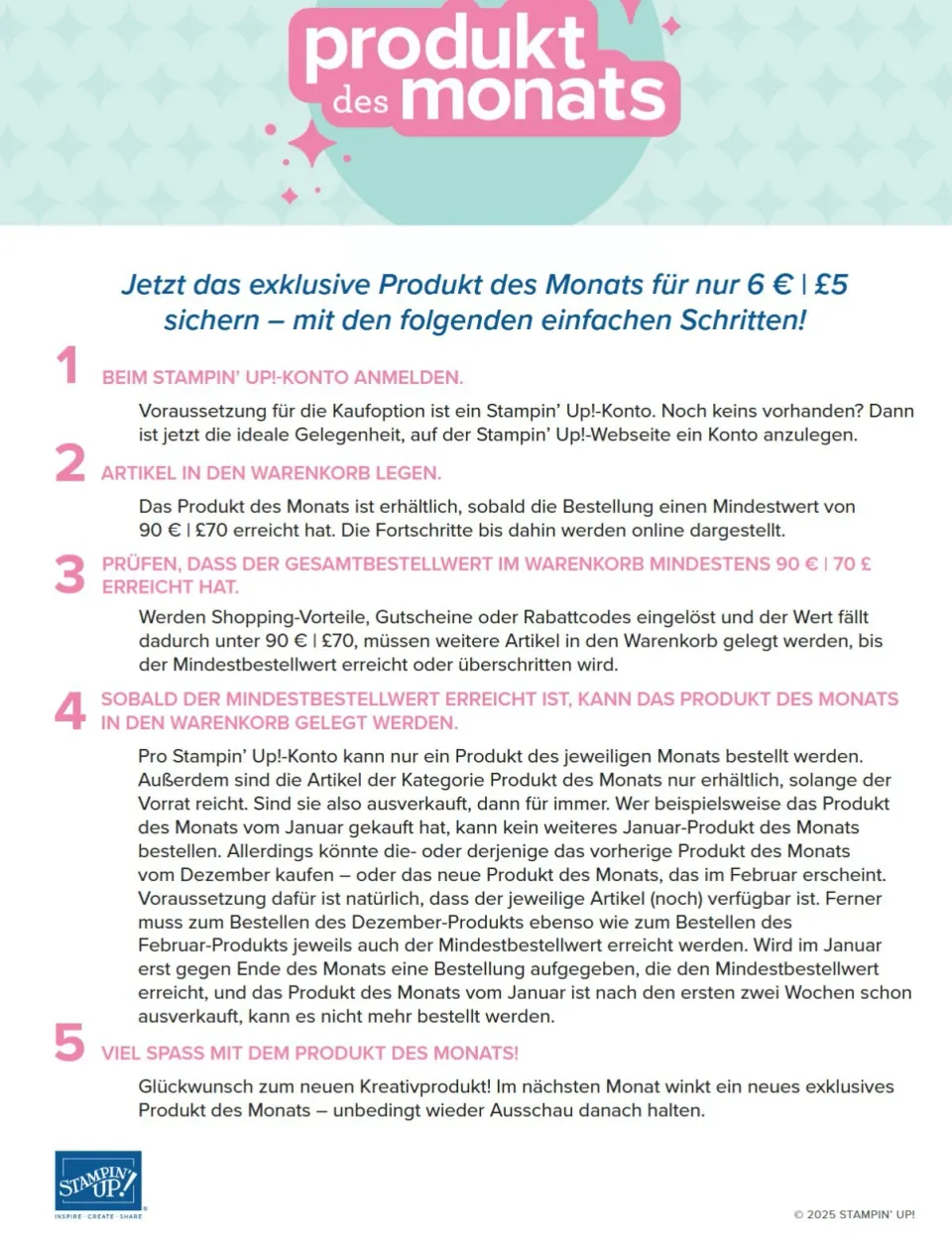 Ein Infografik-Text mit dem Titel „produkt des monats“ auf hellblauem Hintergrund mit Sternenmotiven. Darin werden fünf Schritte in Rosa und Schwarz beschrieben, wie man das exklusive Produkt des Monats für 6 Euro oder 5 Pfund bei Stampin’ Up! sichern kann.