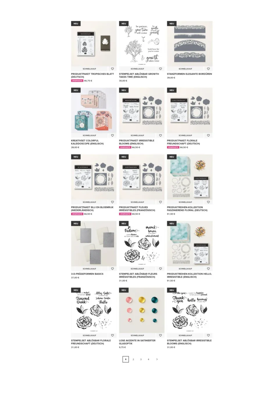 Das Bild zeigt eine Produktübersicht eines Bastelshops mit elf kleinen Vorschaubildern von Stempelsets, Stanzformen und Papierprodukten. Die Motive reichen von botanischen Elementen wie Blättern und Blumen bis zu englischen Sprüchen und geometrischen Mustern. Farben sind überwiegend neutral (Schwarz, Weiß), mit Akzenten in Pastelltönen oder gedämpften Grün- und Blautönen. Preise und Verkaufsschnell-Labels sind sichtbar.